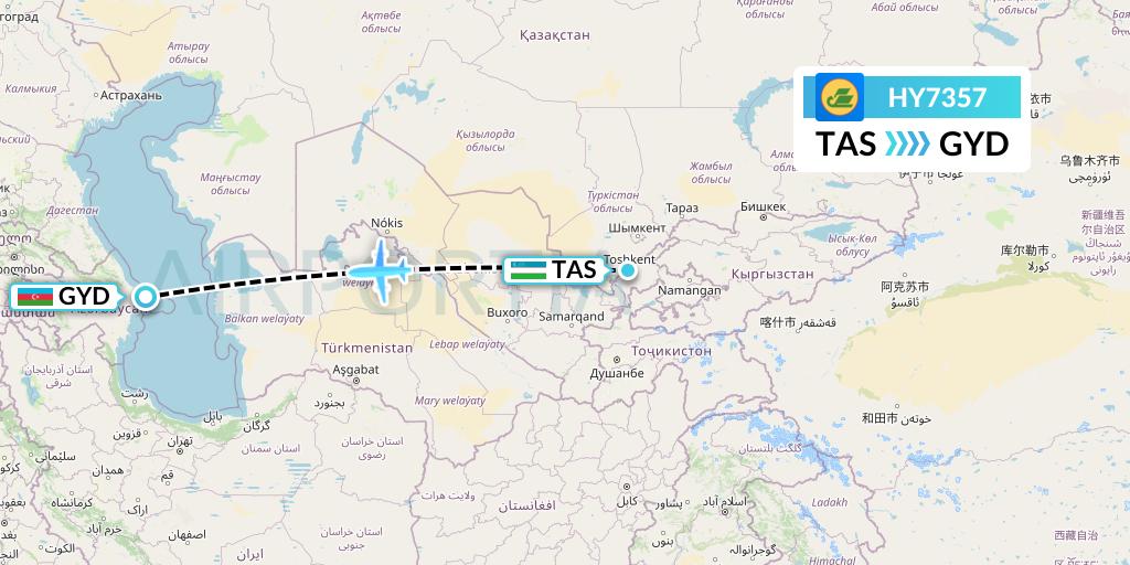HY7357 Uzbekistan Airways Flight Map: Tashkent to Baku