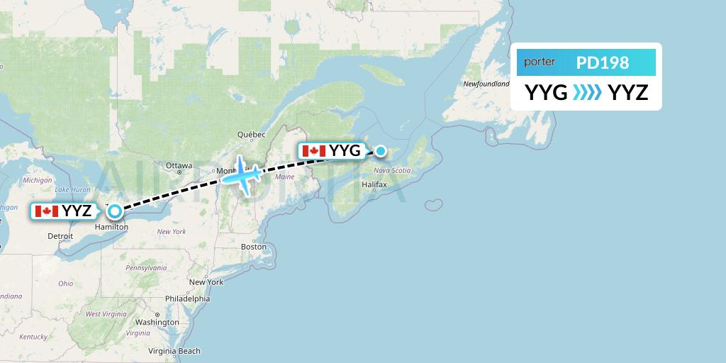 PD198 Porter Airlines Flight Map: Charlottetown to Toronto