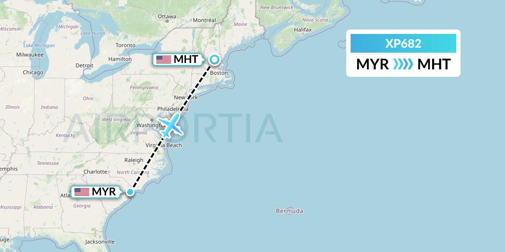 XP682 Avelo Airlines Flight Map: Myrtle Beach to Manchester
