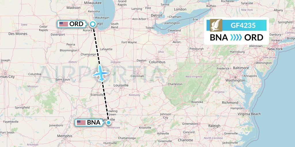 GF4235 Gulf Air Flight Map: Nashville to Chicago