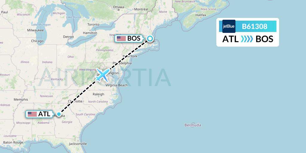 B61308 JetBlue Airways Flight Map: Atlanta to Boston