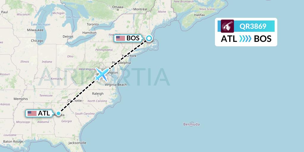 QR3869 Qatar Airways Flight Map: Atlanta to Boston