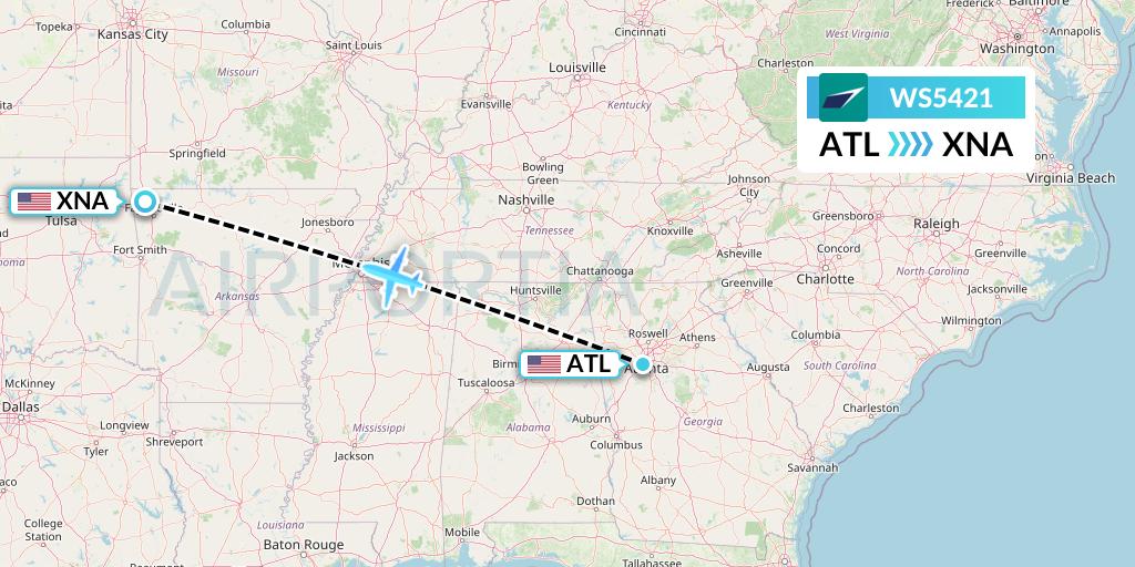 WS5421 WestJet Flight Map: Atlanta to Bentonville