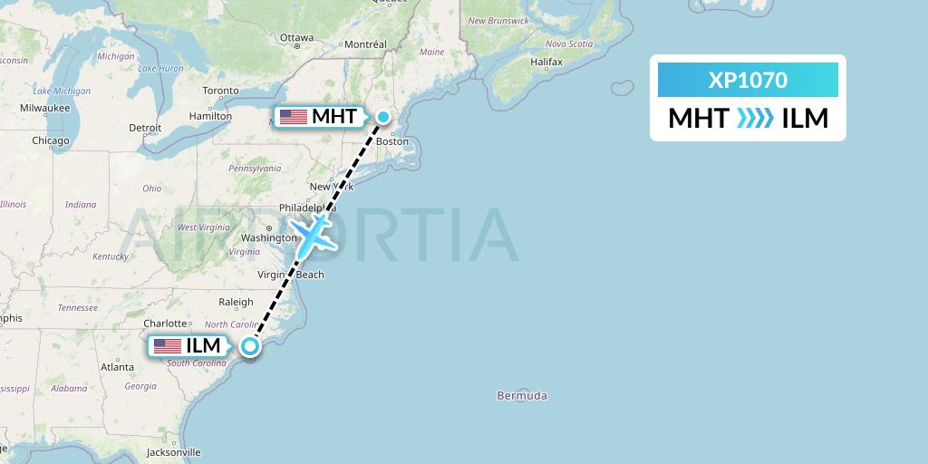 XP1070 Avelo Airlines Flight Map: Manchester to Wilmington