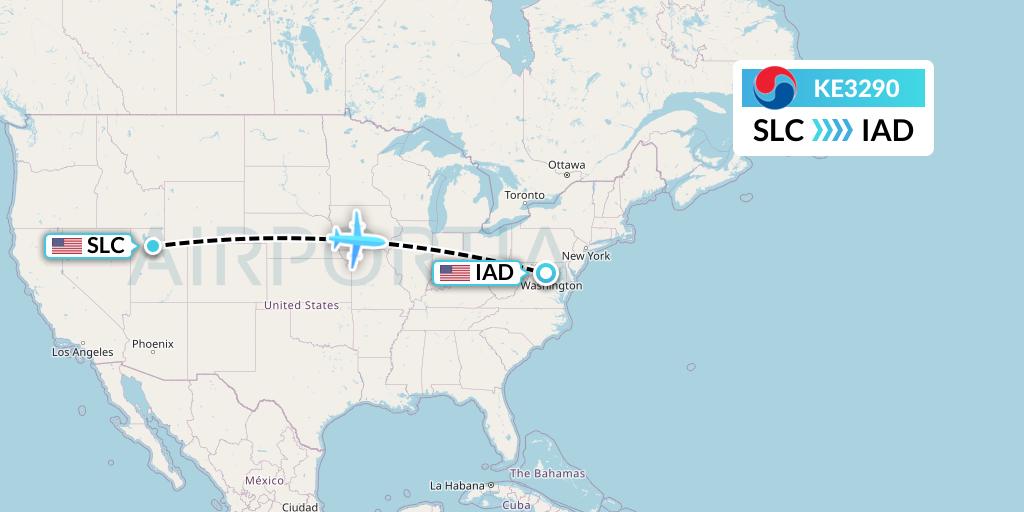 KE3290 Korean Air Flight Map: Salt Lake City to Washington
