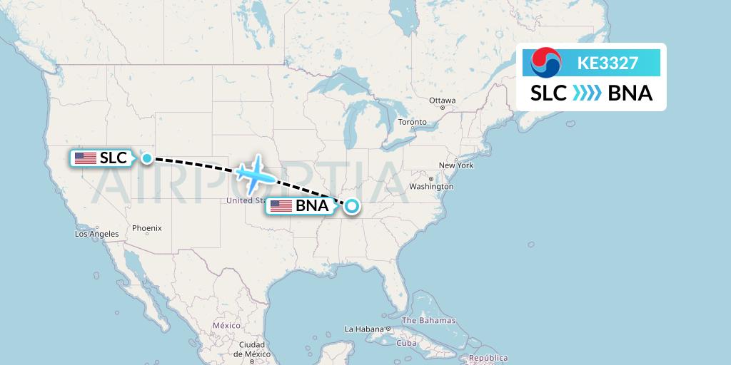 KE3327 Korean Air Flight Map: Salt Lake City to Nashville