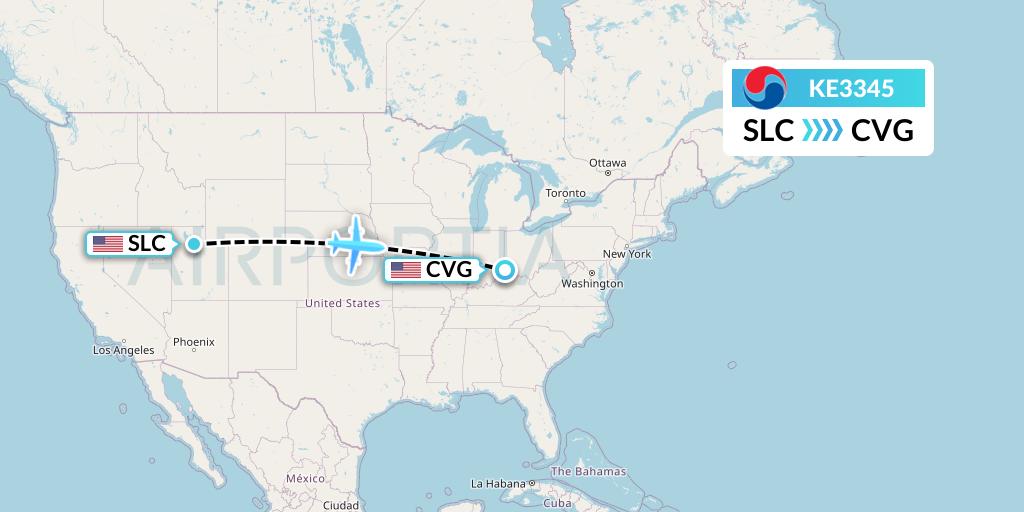 KE3345 Korean Air Flight Map: Salt Lake City to Cincinnati