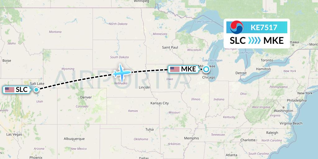 KE7517 Korean Air Flight Map: Salt Lake City to Milwaukee