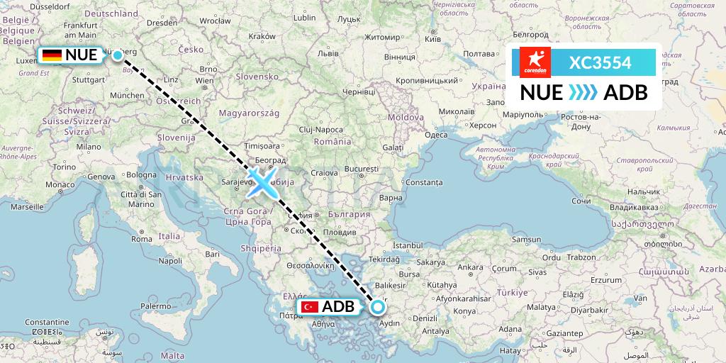 XC3554 Corendon Airlines Flight Map: Nurnberg to Izmir