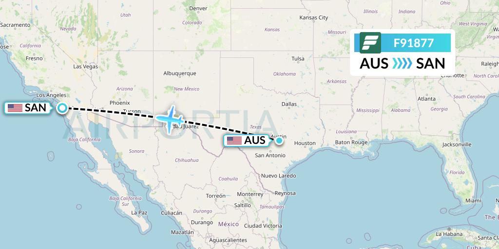 F91877 Frontier Airlines Flight Map: Austin to San Diego