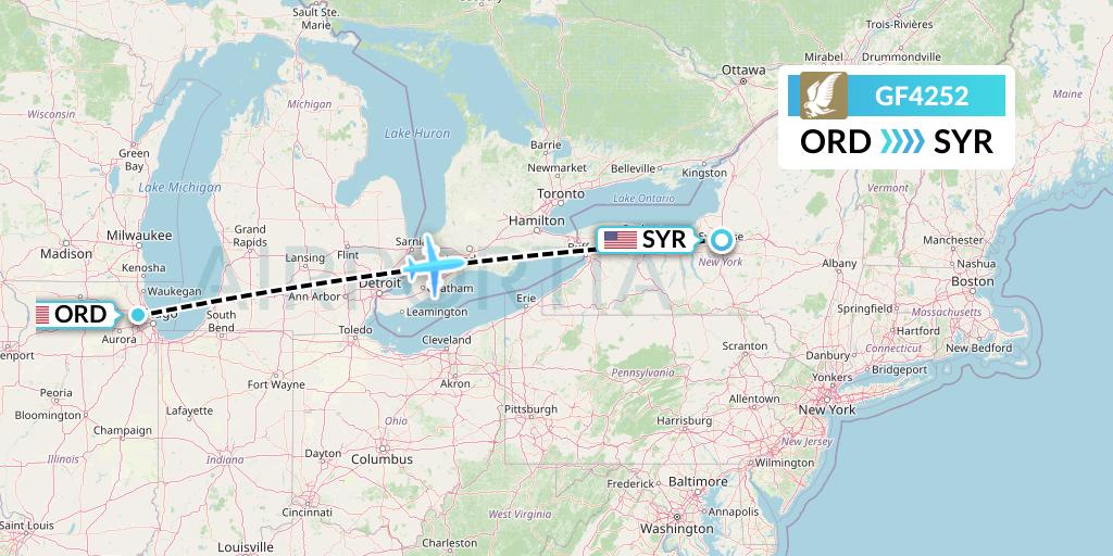 GF4252 Gulf Air Flight Map: Chicago to Syracuse