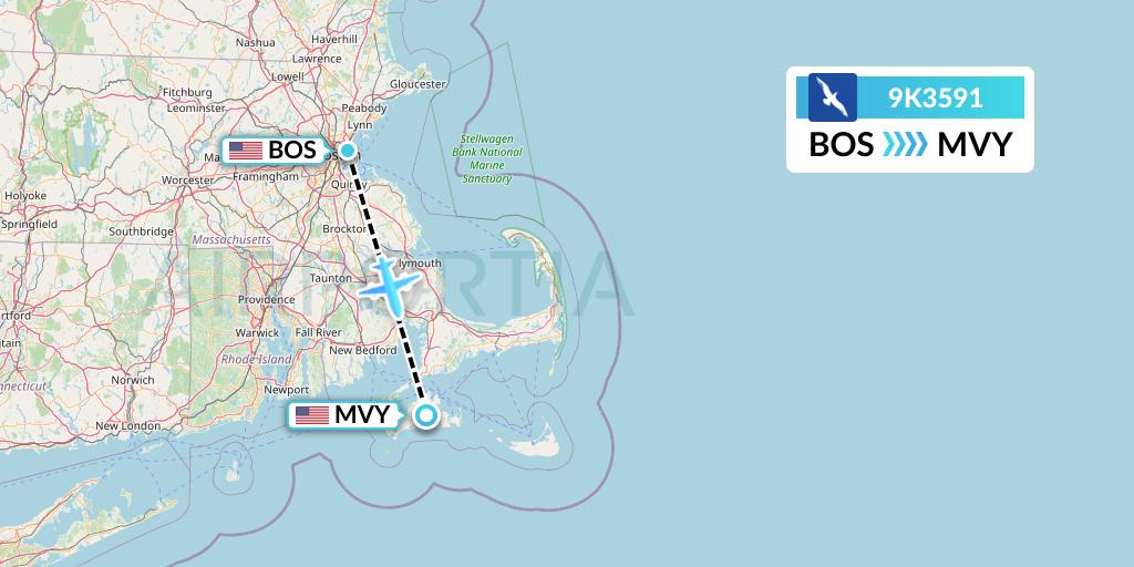 9K3591 Cape Air Flight Map: Boston to Martha's Vineyard