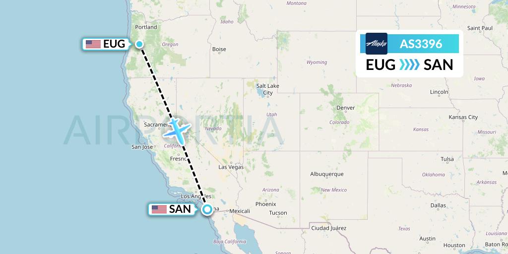 AS3396 Alaska Airlines Flight Map: Eugene to San Diego