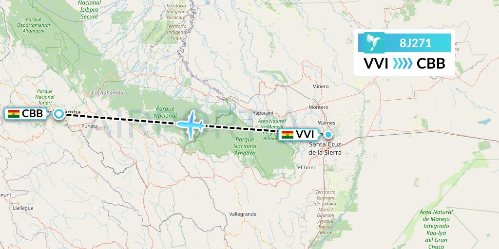 8J271 EcoJet Flight Map: Santa Cruz to Cochabamba