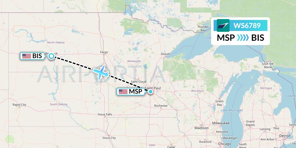 WS6789 WestJet Flight Map: Minneapolis to Bismarck
