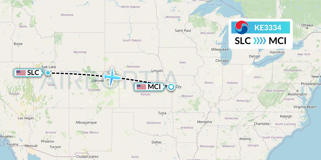 KE3334 Korean Air Flight Map: Salt Lake City to Kansas City