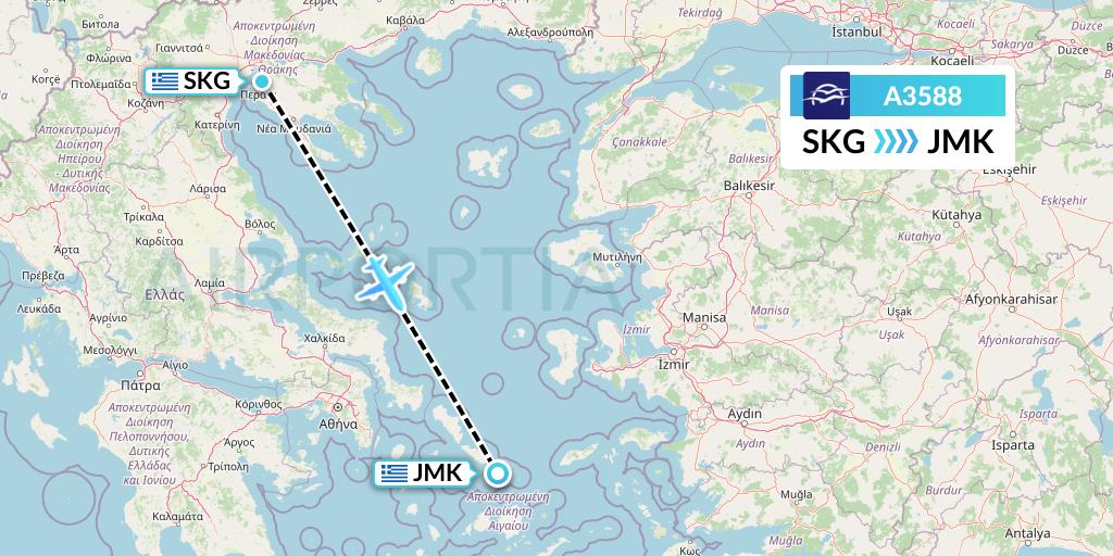 A3588 Aegean Airlines Flight Map: Thessaloniki to Mykonos