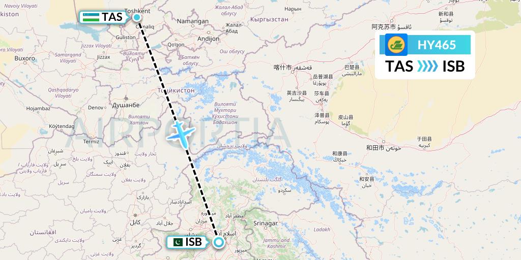 HY465 Uzbekistan Airways Flight Map: Tashkent to Islamabad