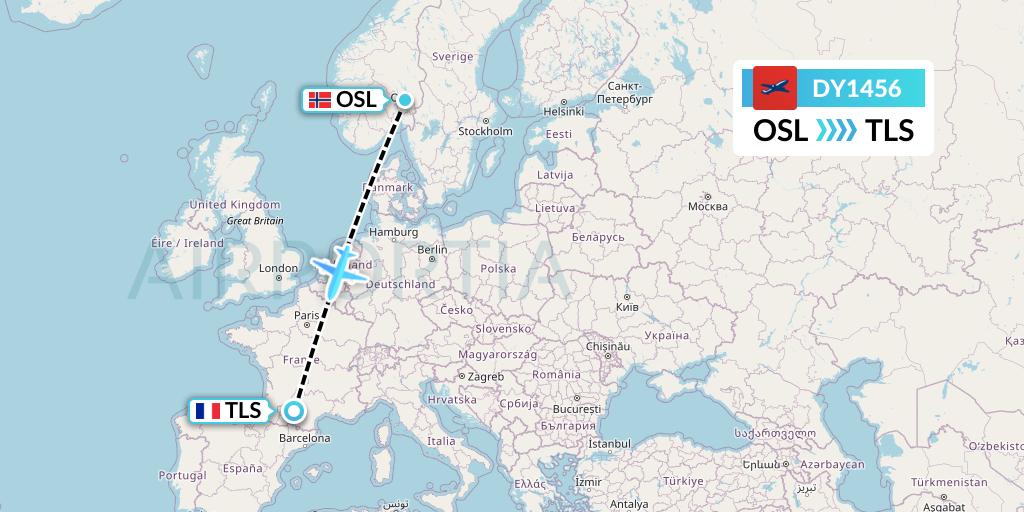 DY1456 Norwegian Flight Map: Oslo to Toulouse