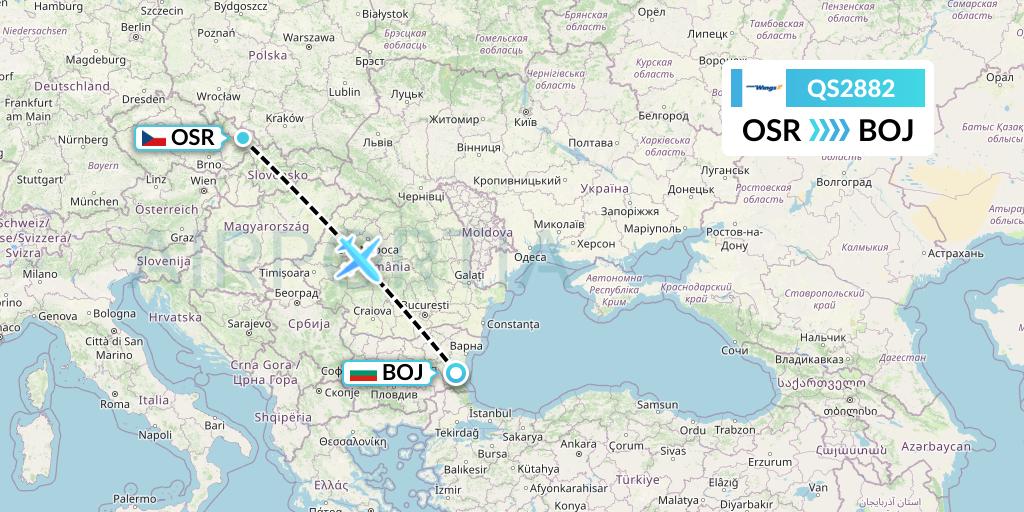 QS2882 Smartwings Flight Map: Ostrava to Burgas