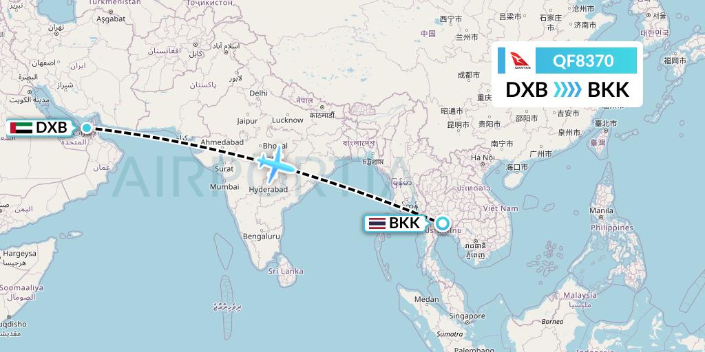 QF8370 Qantas Flight Map: Dubai to Bangkok