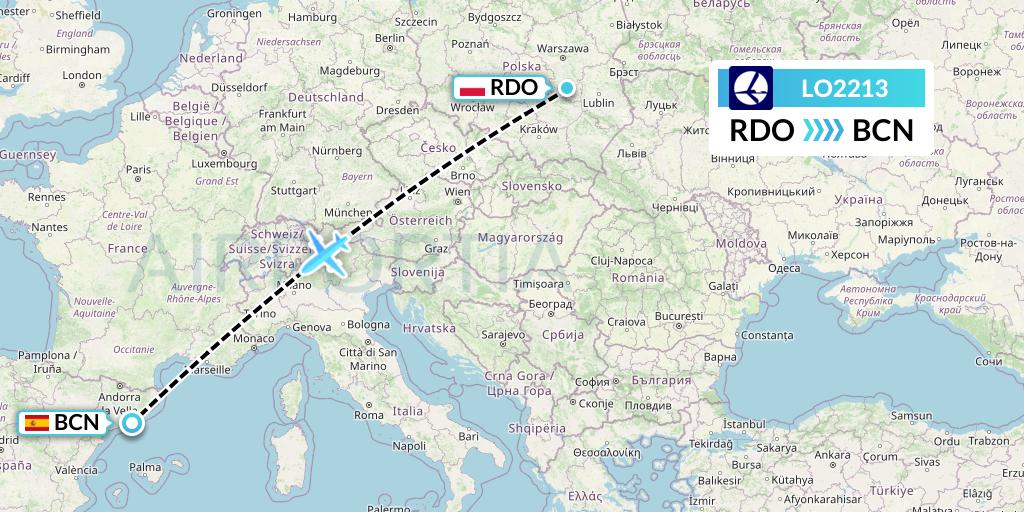 LO2213 LOT Flight Map: Radom to Barcelona