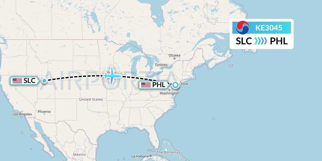 KE3045 Korean Air Flight Map: Salt Lake City to Philadelphia