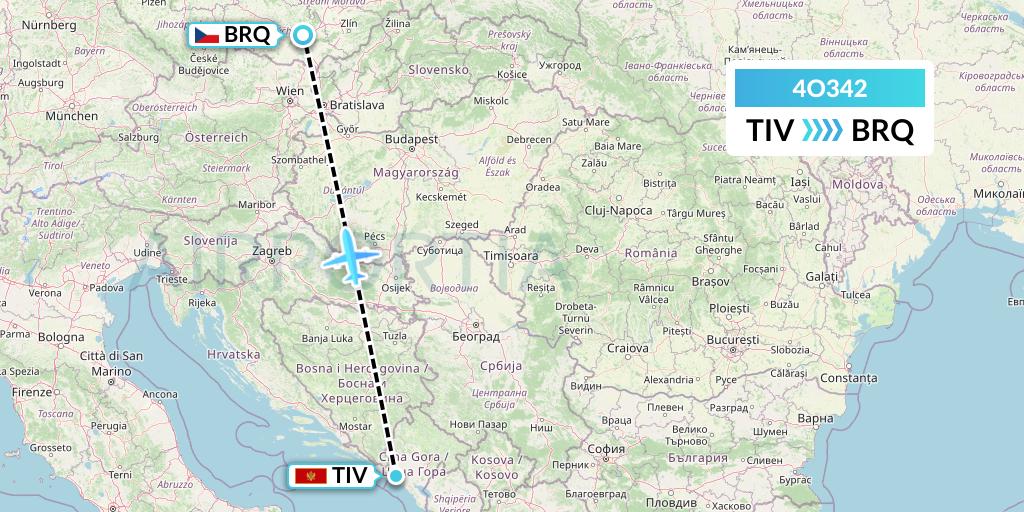 4O342 Air Montenegro Flight Map: Tivat to Brno