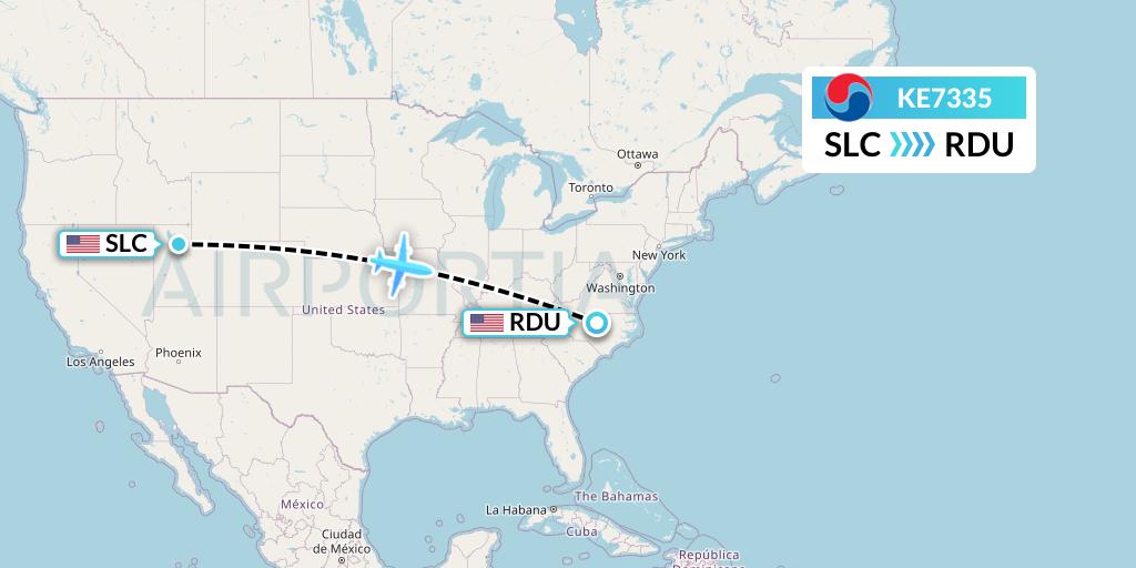 KE7335 Korean Air Flight Map: Salt Lake City to Raleigh-Durham