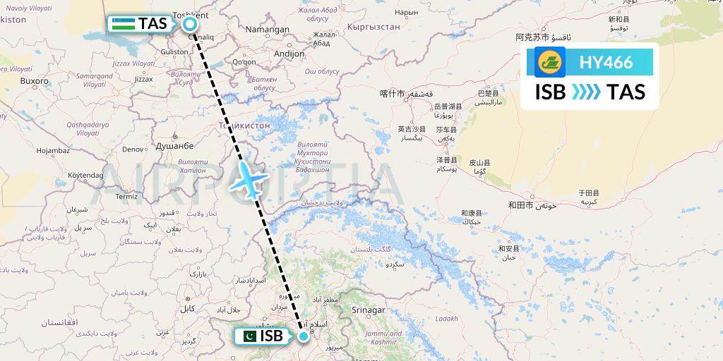 HY466 Uzbekistan Airways Flight Map: Islamabad to Tashkent
