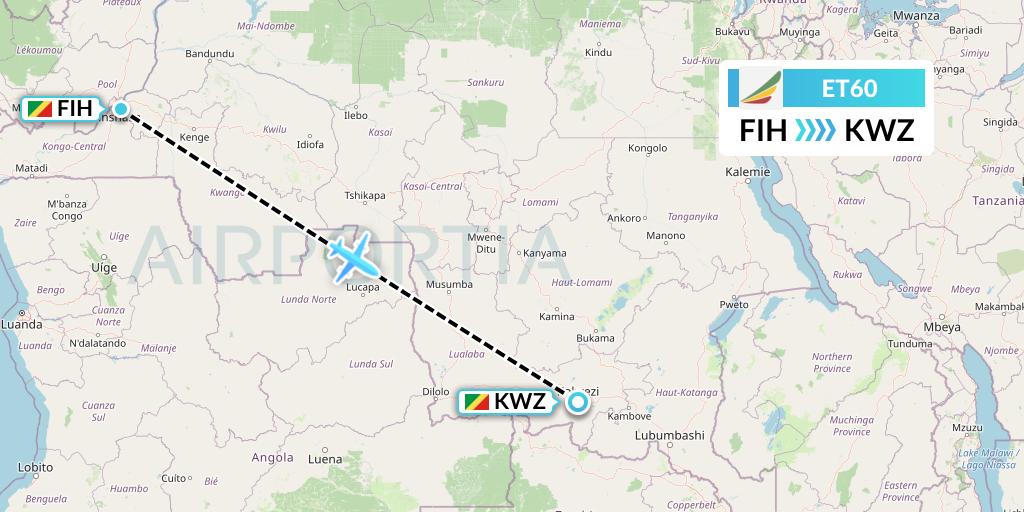 ET60 Ethiopian Airlines Flight Map: Kinshasa to Congo