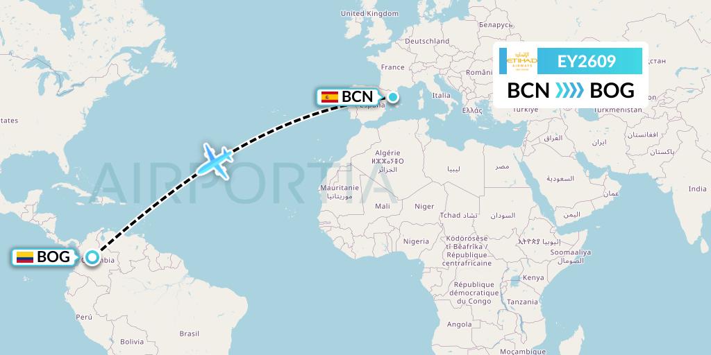 EY2609 Etihad Airways Flight Map: Barcelona to Bogota