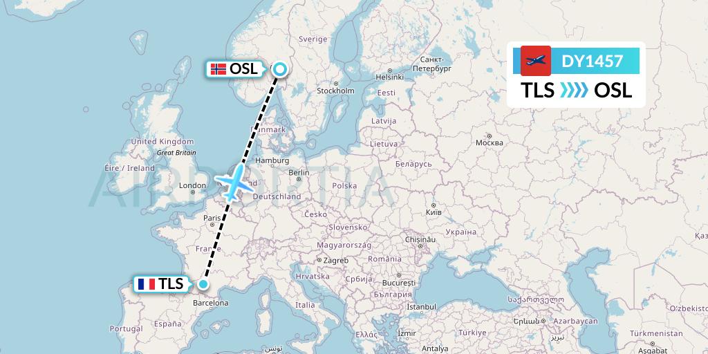 DY1457 Norwegian Flight Map: Toulouse to Oslo