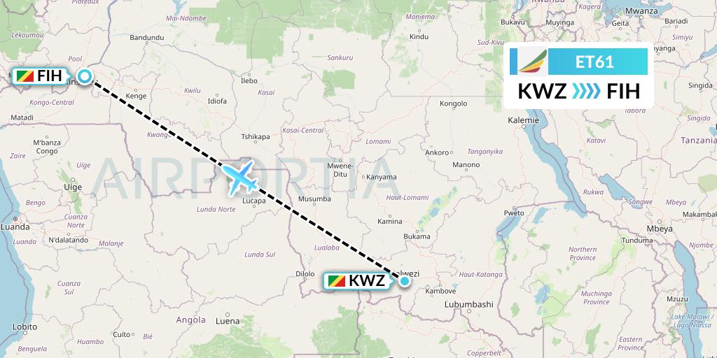 ET61 Ethiopian Airlines Flight Map: Congo to Kinshasa