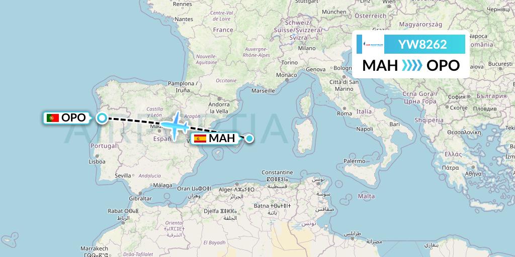 YW8262 Air Nostrum Flight Map: Mahon to Porto