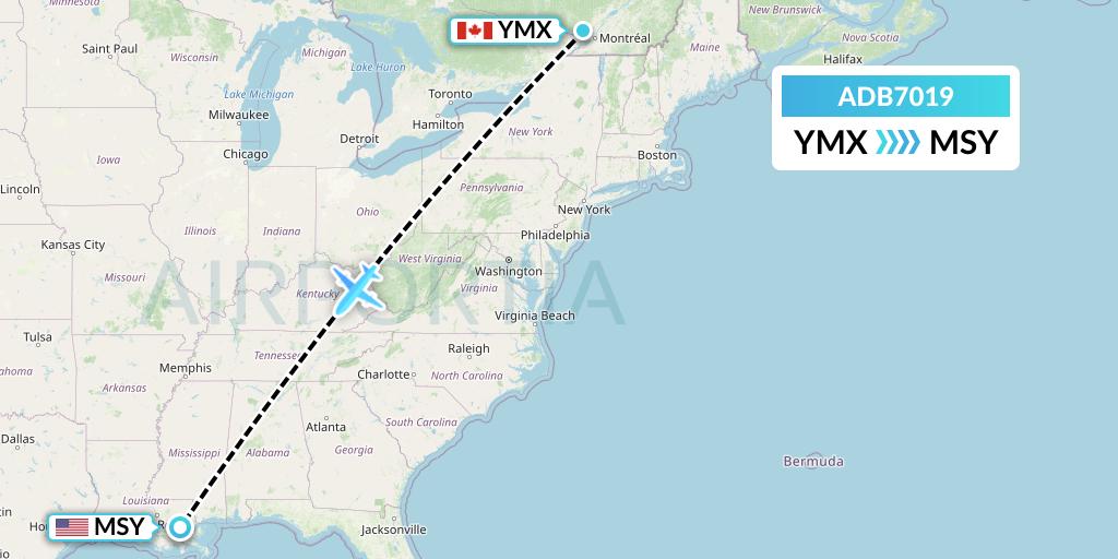 ADB7019 Antonov Design Bureau Flight Map: Montreal to New Orleans