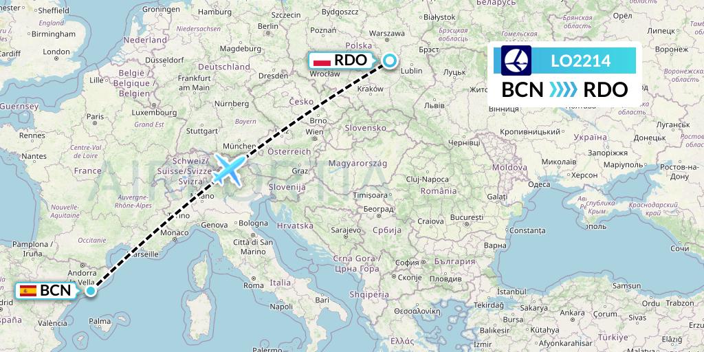 LO2214 LOT Flight Map: Barcelona to Radom