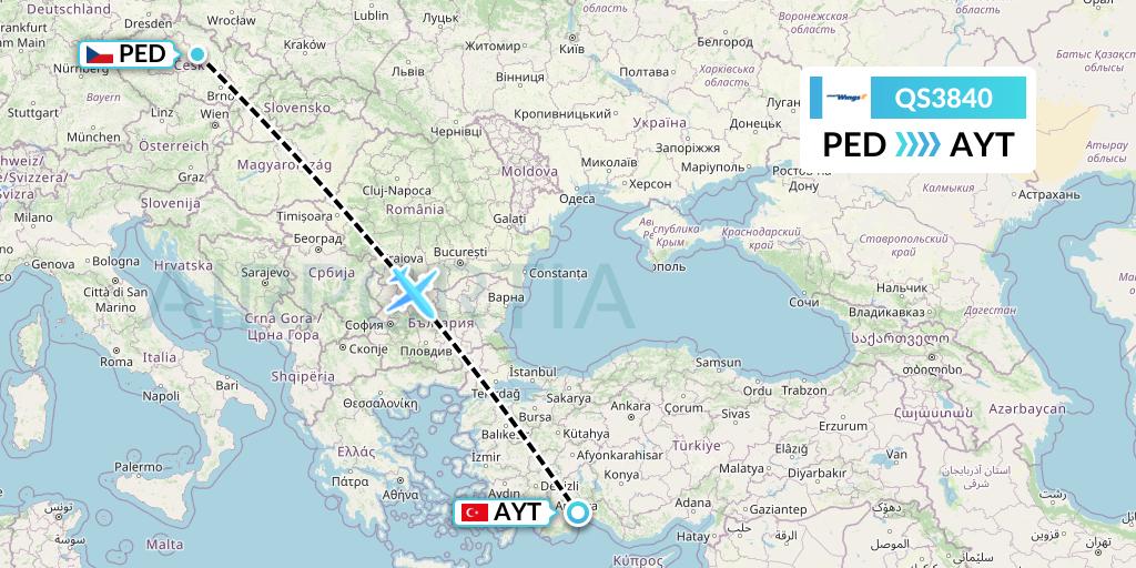 QS3840 Smartwings Flight Map: Pardubice to Antalya