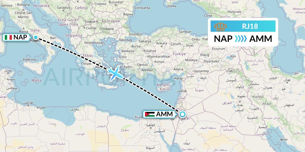 RJ18 Royal Jordanian Flight Map: Naples to Amman
