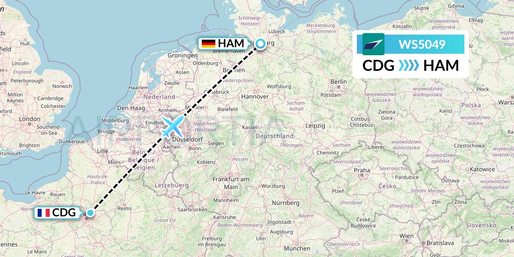 WS5049 WestJet Flight Map: Paris to Hamburg