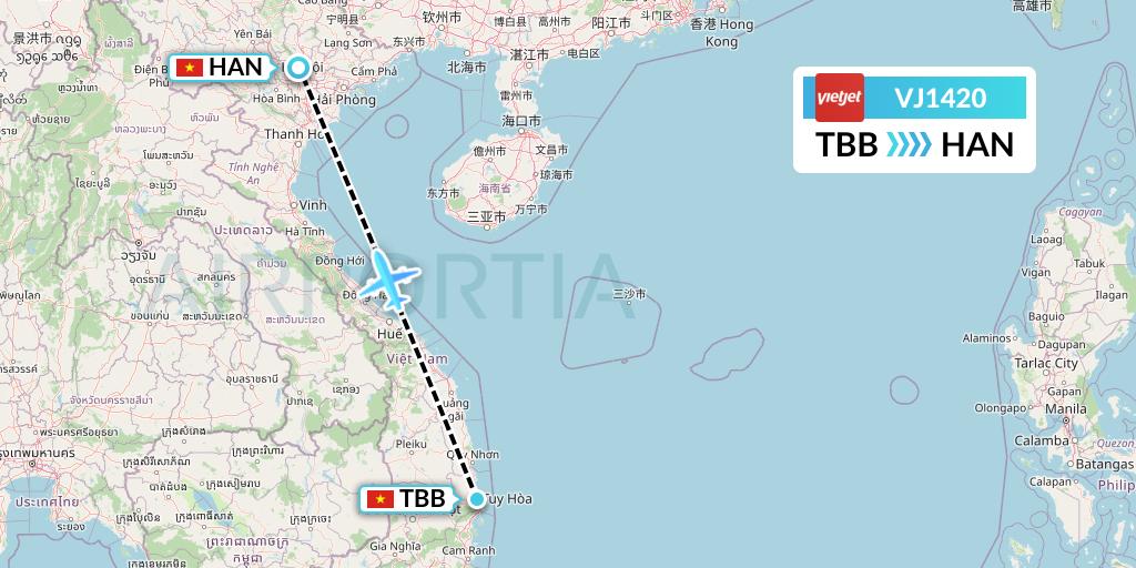 VJ1420 VietJet Air Flight Map: Tuy Hoa to Hanoi