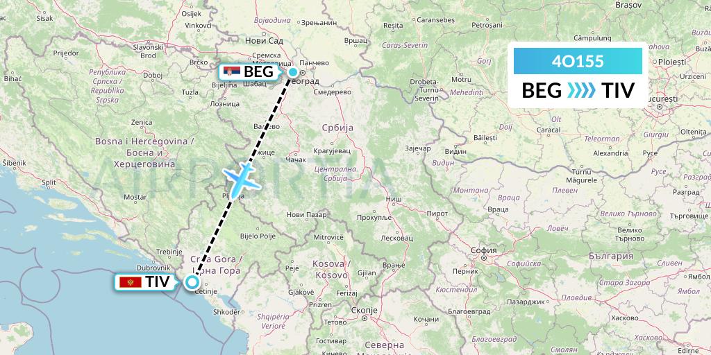 4O155 Air Montenegro Flight Map: Belgrade to Tivat