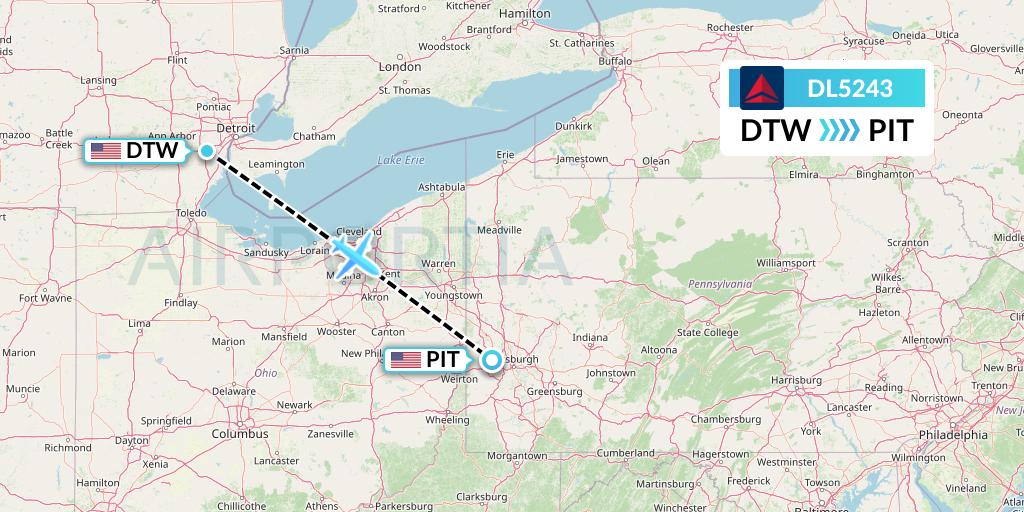 DL5243 Delta Air Lines Flight Map: Detroit to Pittsburgh