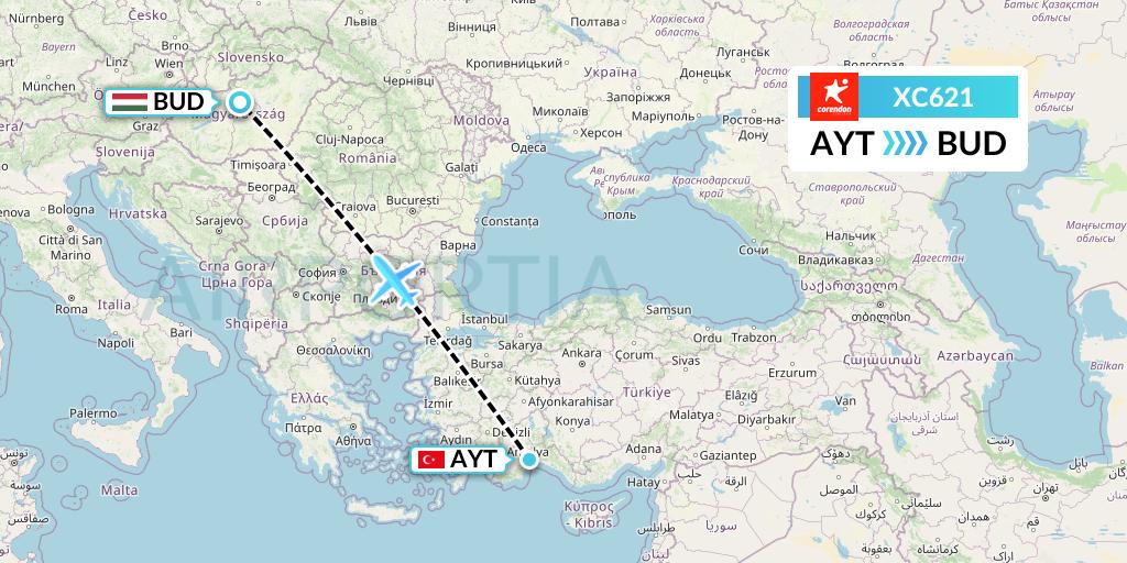 XC621 Corendon Airlines Flight Map: Antalya to Budapest