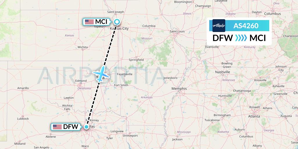 AS4260 Alaska Airlines Flight Map: Dallas to Kansas City