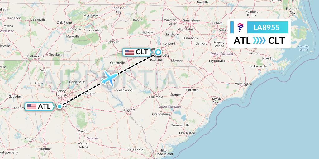 LA8955 LAN Airlines Flight Map: Atlanta to Charlotte