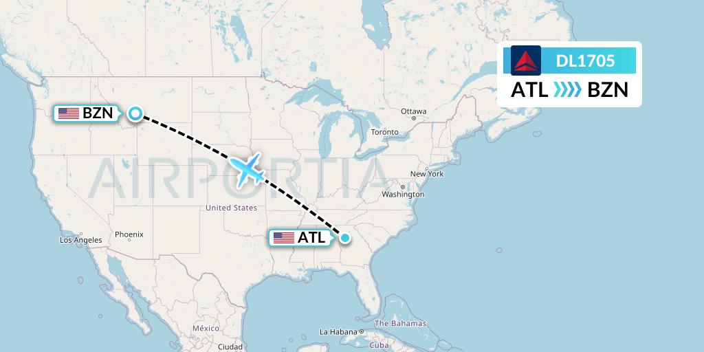DL1705 Delta Air Lines Flight Map: Atlanta to Bozeman