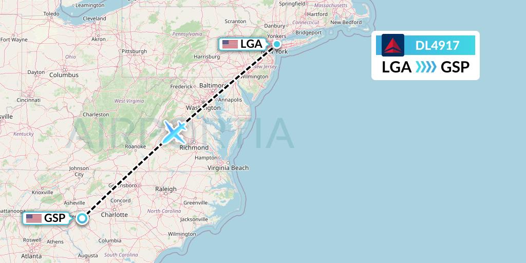 DL4917 Delta Air Lines Flight Map: New York to Greenville-Spartanburg