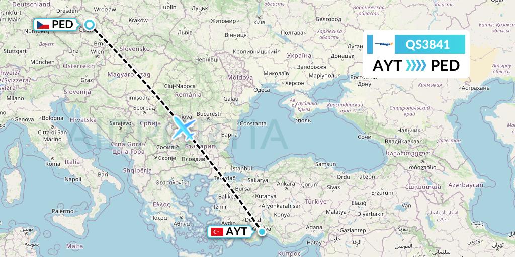 QS3841 Smartwings Flight Map: Antalya to Pardubice