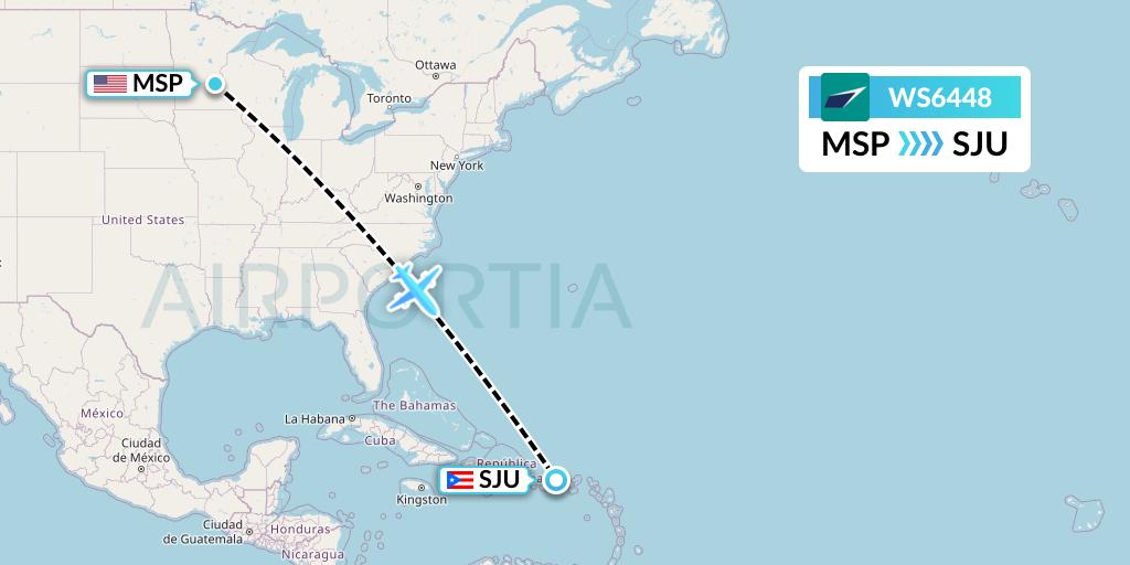 WS6448 WestJet Flight Map: Minneapolis to San Juan